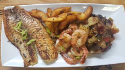 Specialty 2-Way Combo- Grilled Fish & Shrimp With Fried Plantains & Mad O Potatoes Image
