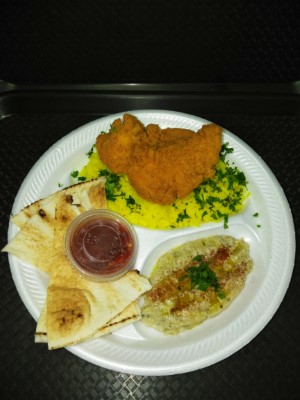 Chicken Tender Rice Baba Ghanouj Pita Image