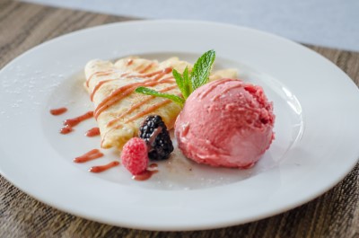 Warm Apple Crepes with Raspberry Sorbet Image